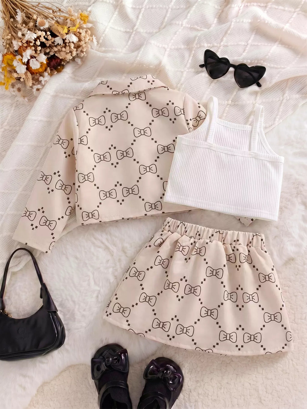 Children’s bow-print jacket and pleated skirt with a white ribbed tank displayed flat