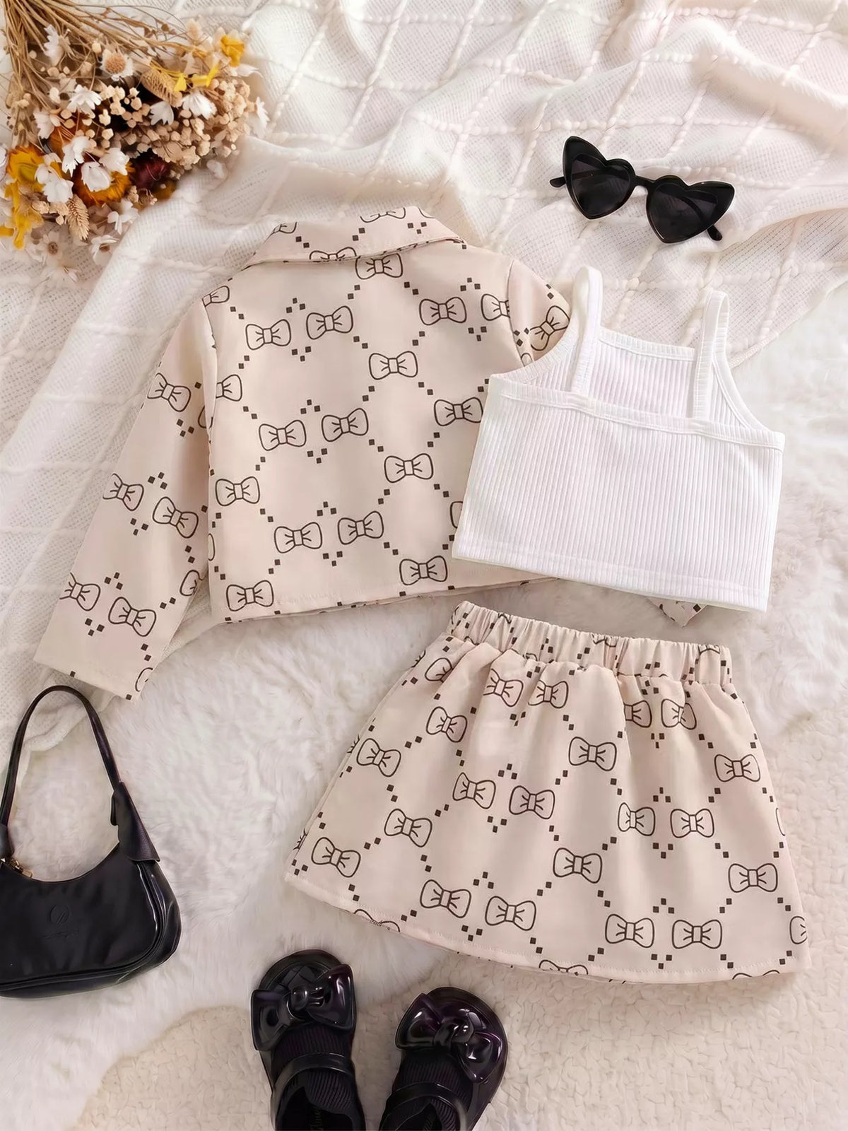 Children’s bow-print jacket and pleated skirt with a white ribbed tank displayed flat