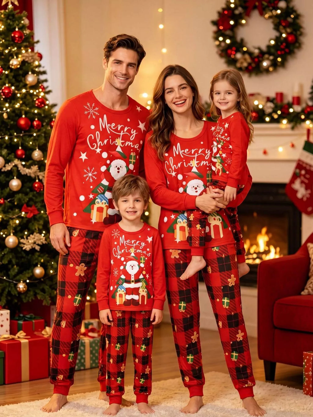 Front family view of matching red Merry Christmas pajamas.