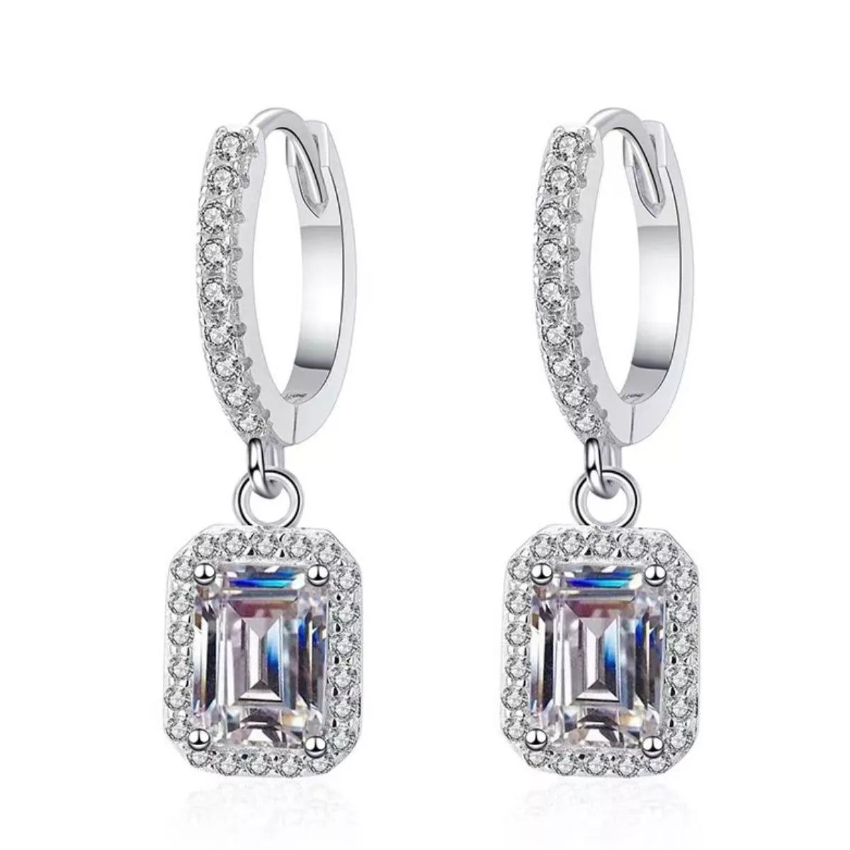 Silver-tone hoop earrings with rectangular halo stone drops — detail view
