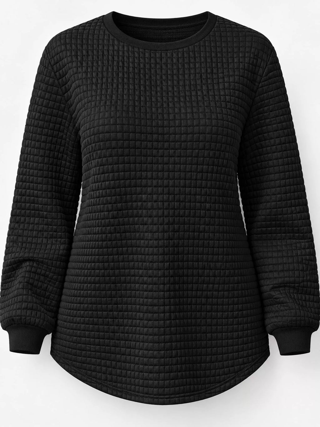 Black textured Waffle Knit Crew Neck Sweatshirt