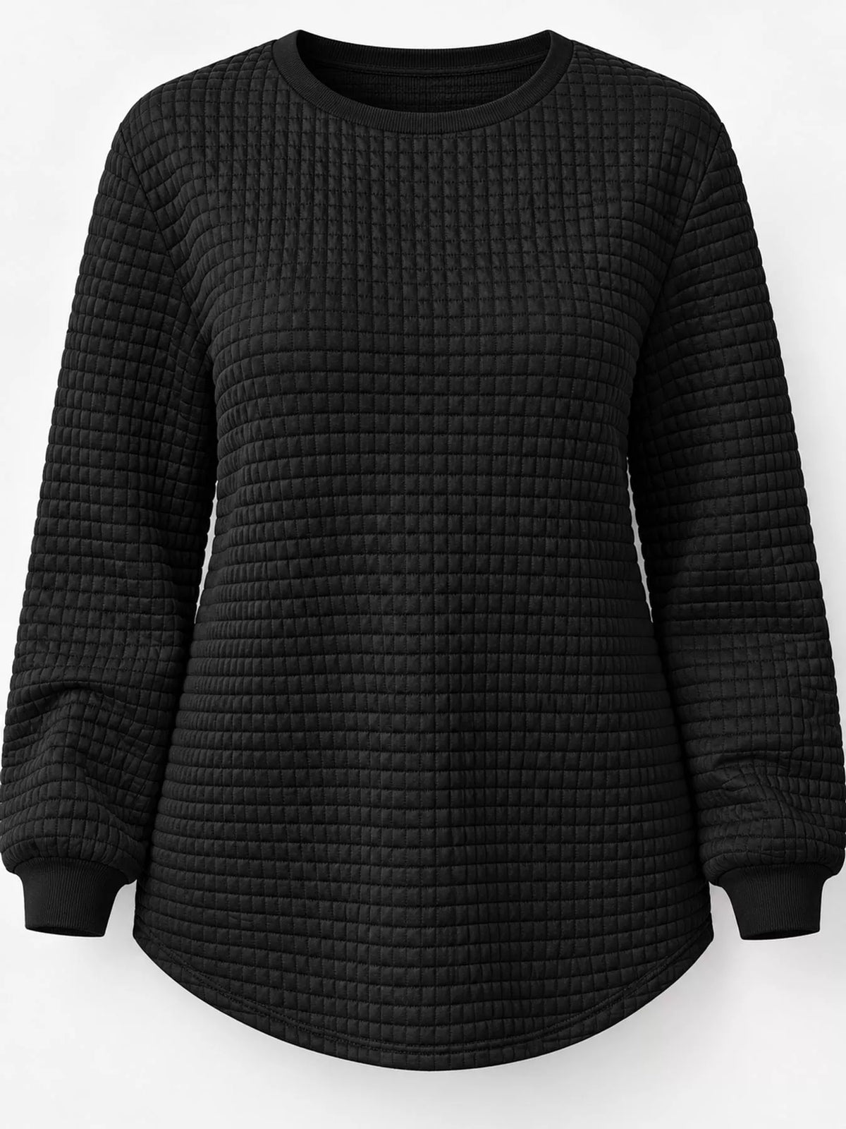 Black textured Waffle Knit Crew Neck Sweatshirt