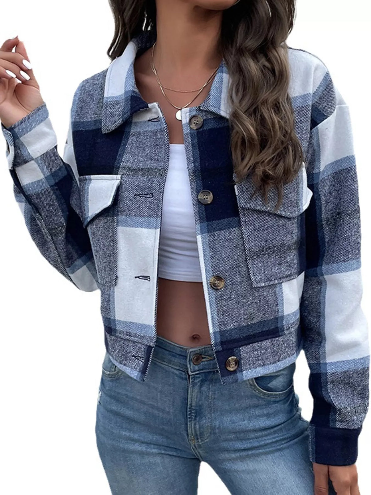 Navy color-block plaid cropped jacket with flap chest pockets, front view.