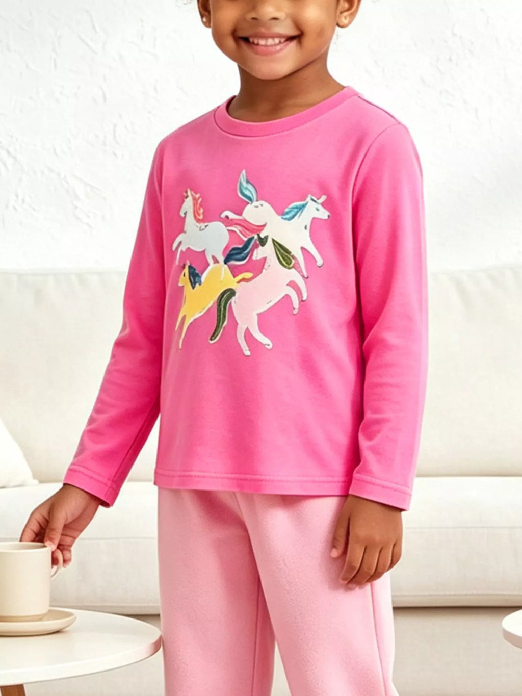 Children’s pink long-sleeve T-shirt with colorful unicorn graphics worn by a child
