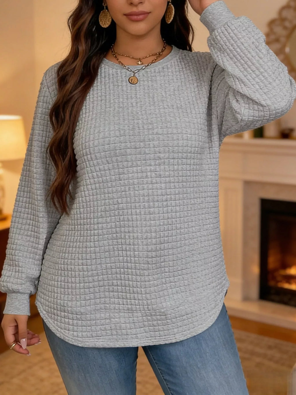 Gray textured Waffle Knit Crew Neck Sweatshirt