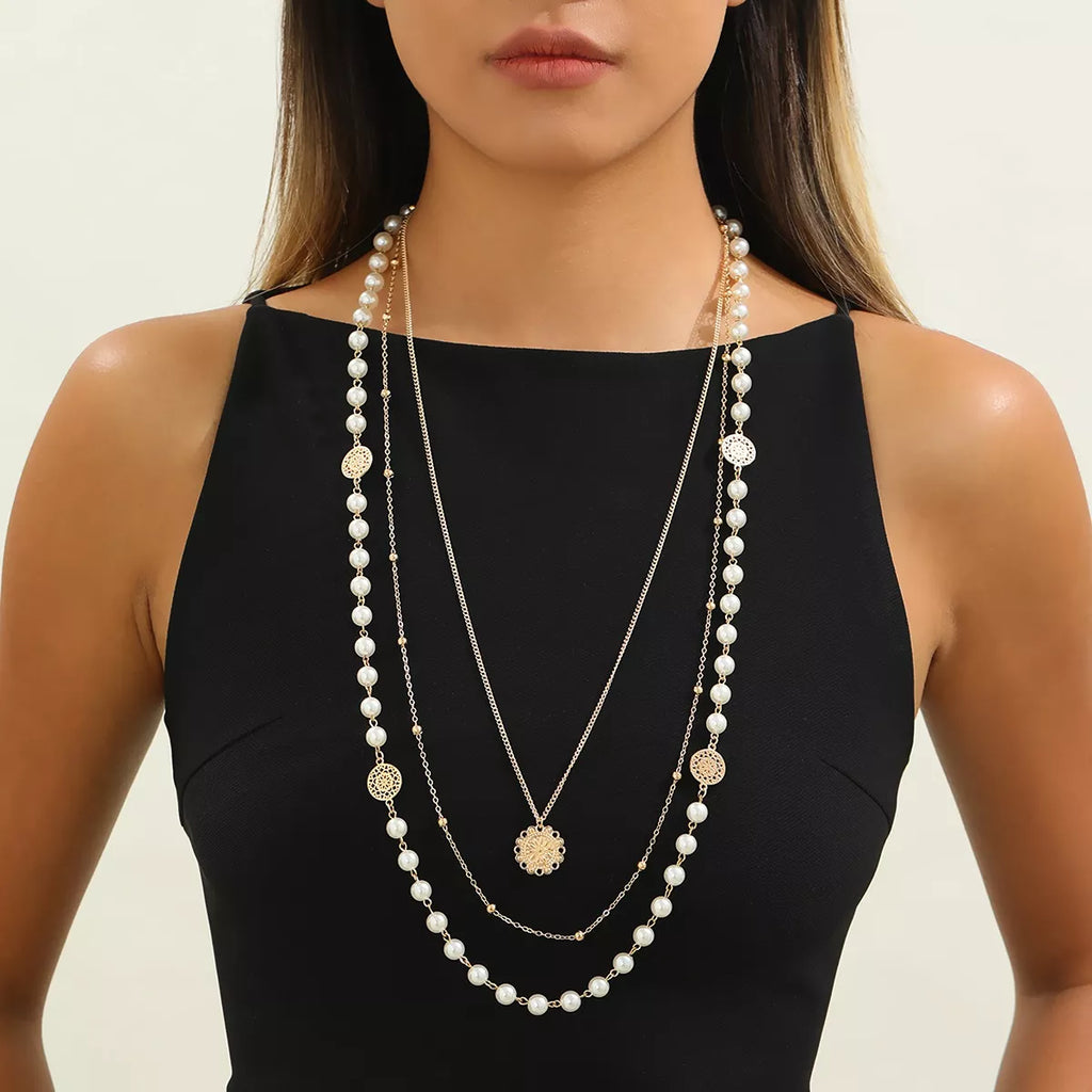 Layered pearl-like bead and coin pendant necklace