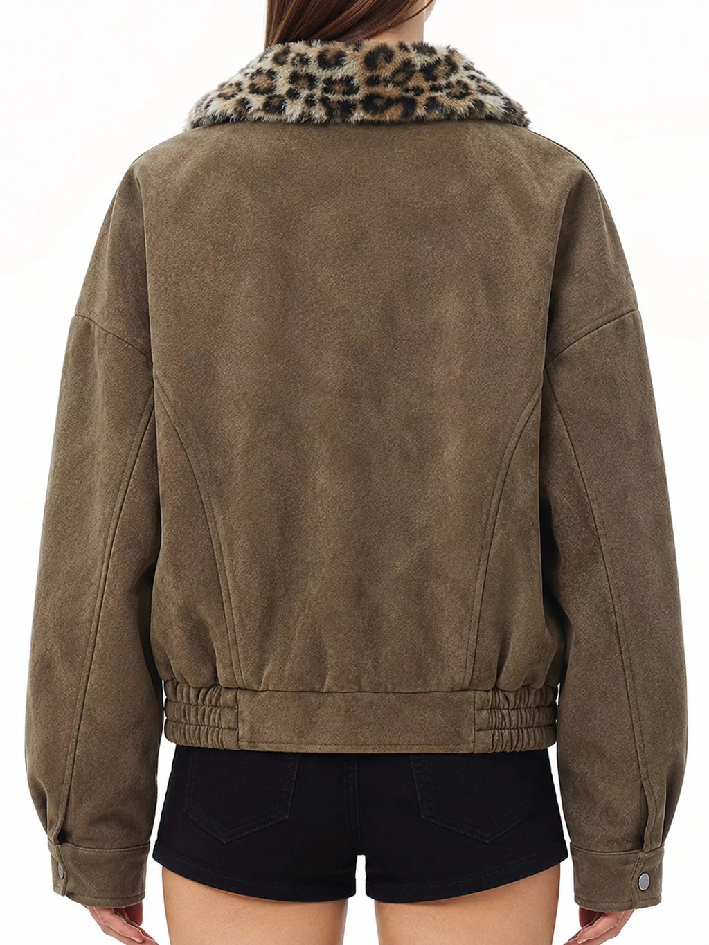 Back view of the brown jacket and leopard-print collar.
