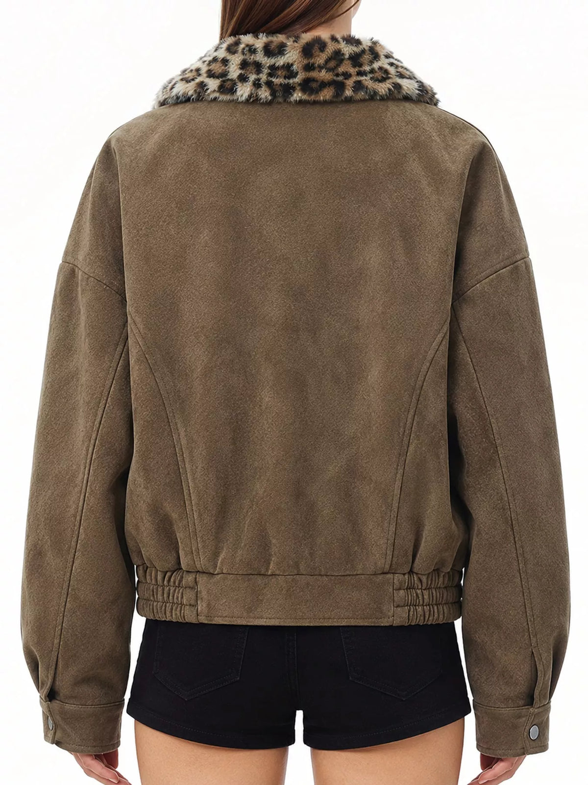 Back view of the brown jacket and leopard-print collar.