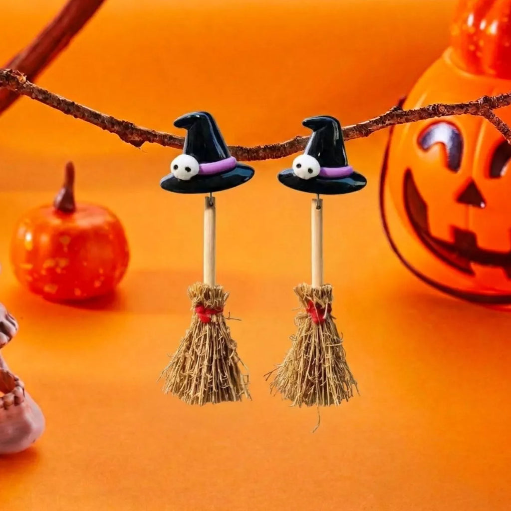 Halloween Witch Hat and Broomstick Dangle Earrings