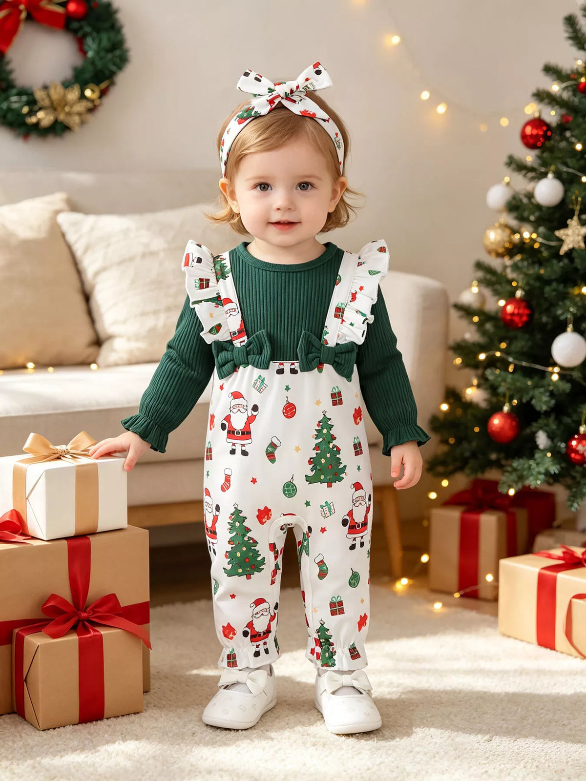 Children’s green and white Santa-print ruffle-trim jumpsuit with matching headband worn by a child