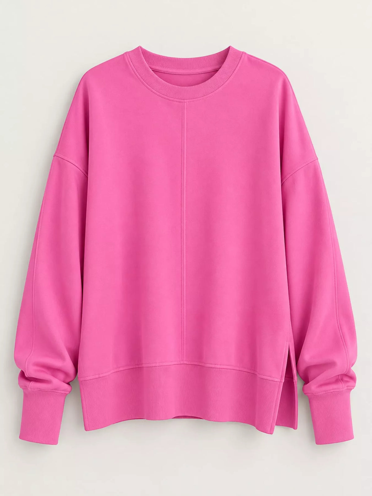 Hot pink oversized Crew Neck Sweatshirt with Side Slit