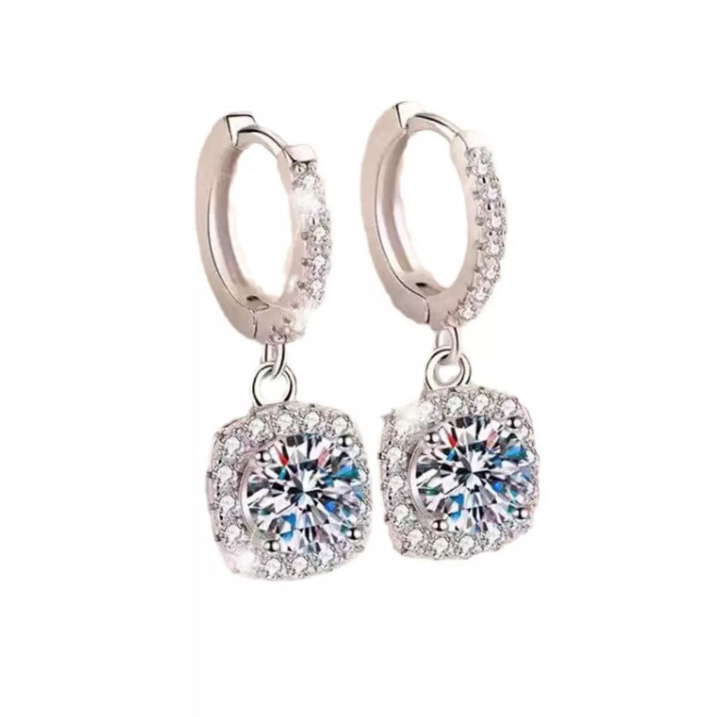 Silver-tone hoop earrings with square halo stone drops — detail view