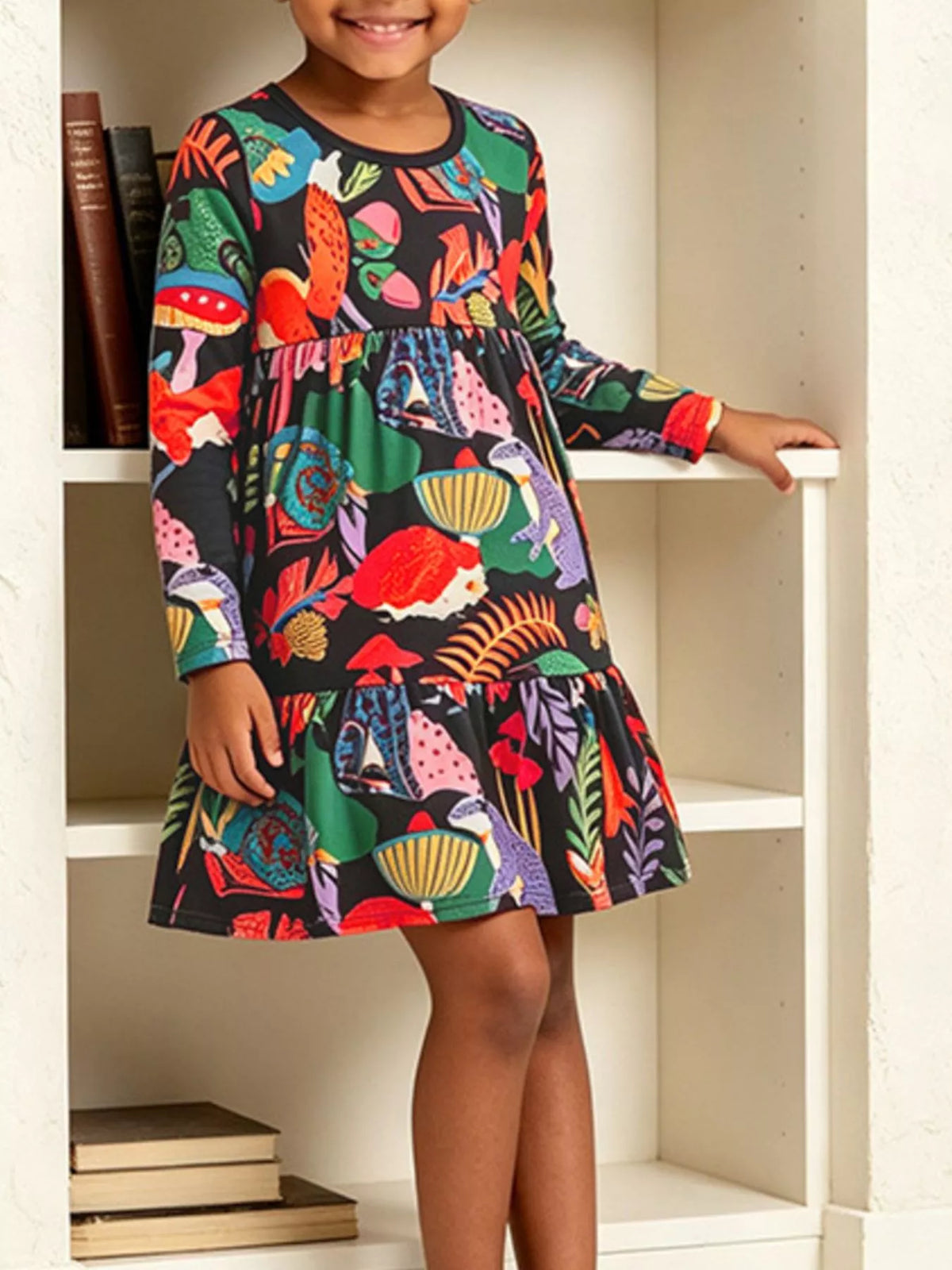 Front view of a child modeling the multicolor-print tiered dress.