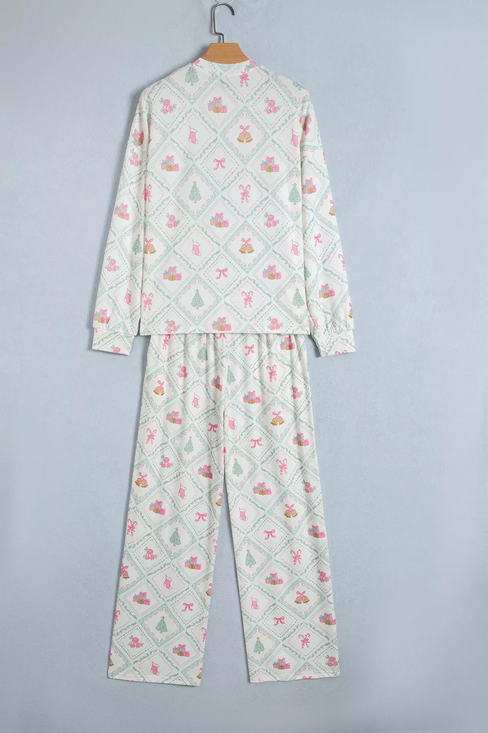White long Sleeve Patchwork Shift and Pants Christmas Daily Wear Lounge Set — back view