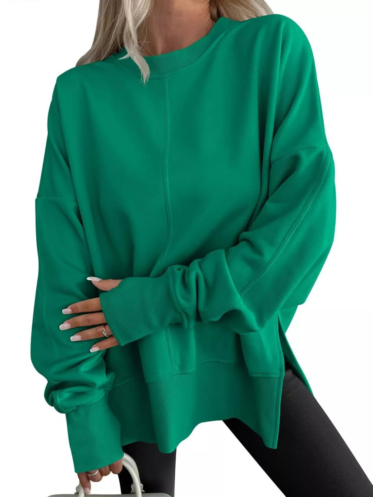 Green oversized Crew Neck Sweatshirt with Side Slit