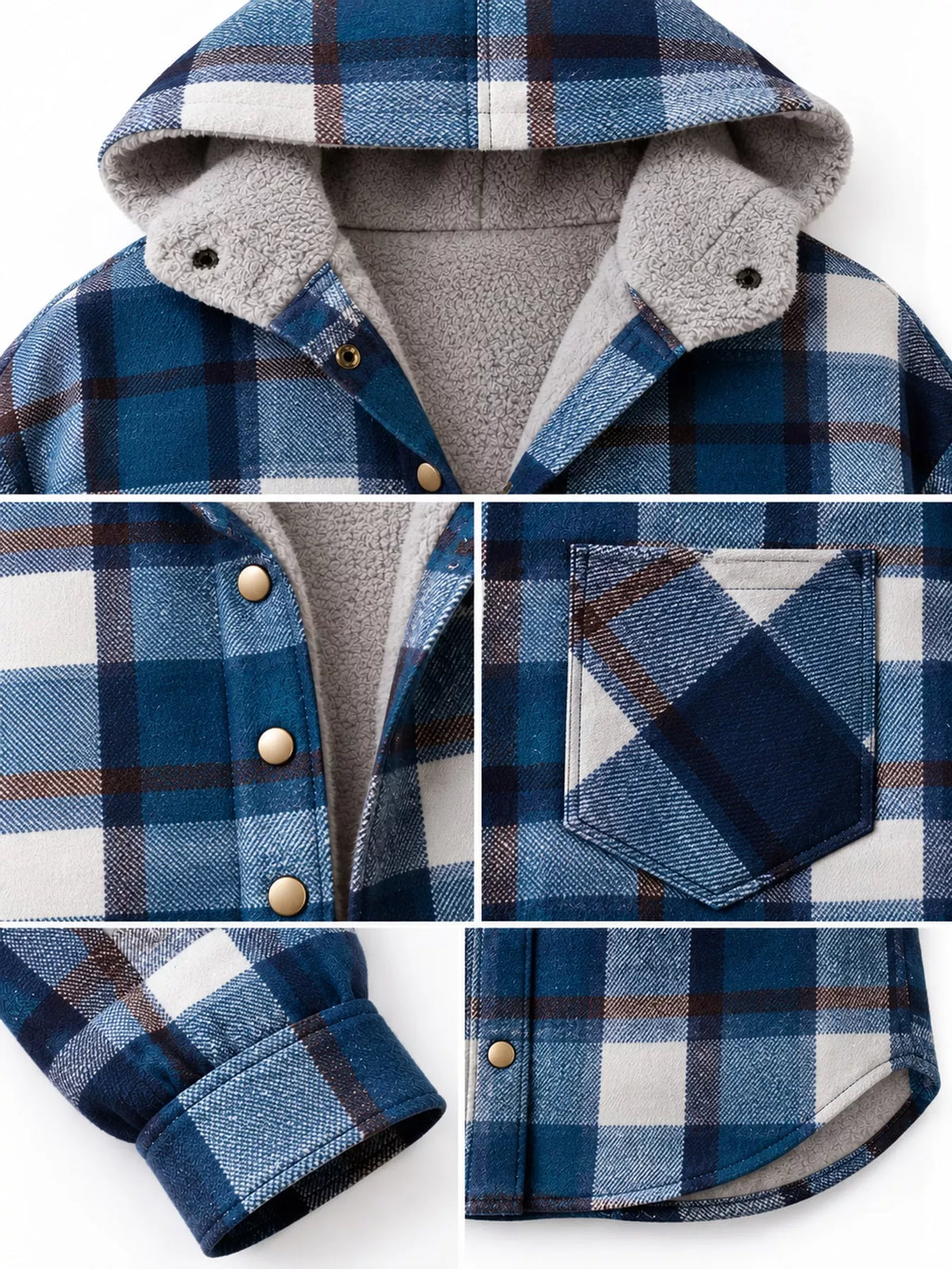 Collage of the lake-blue plaid jacket's hood lining, buttons, pocket and cuff.