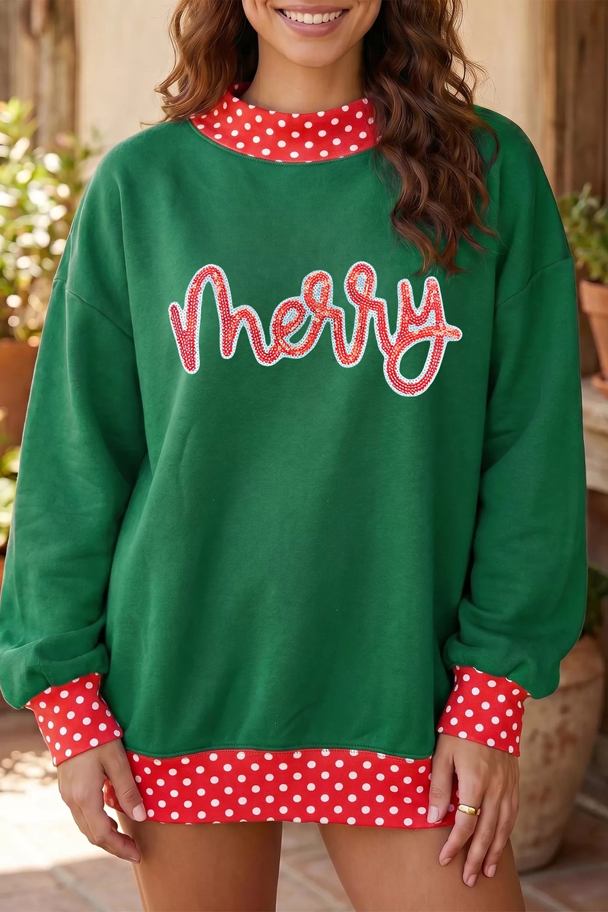 Green christmas Sequin Merry Slogan Tunic Holiday Sweatshirt