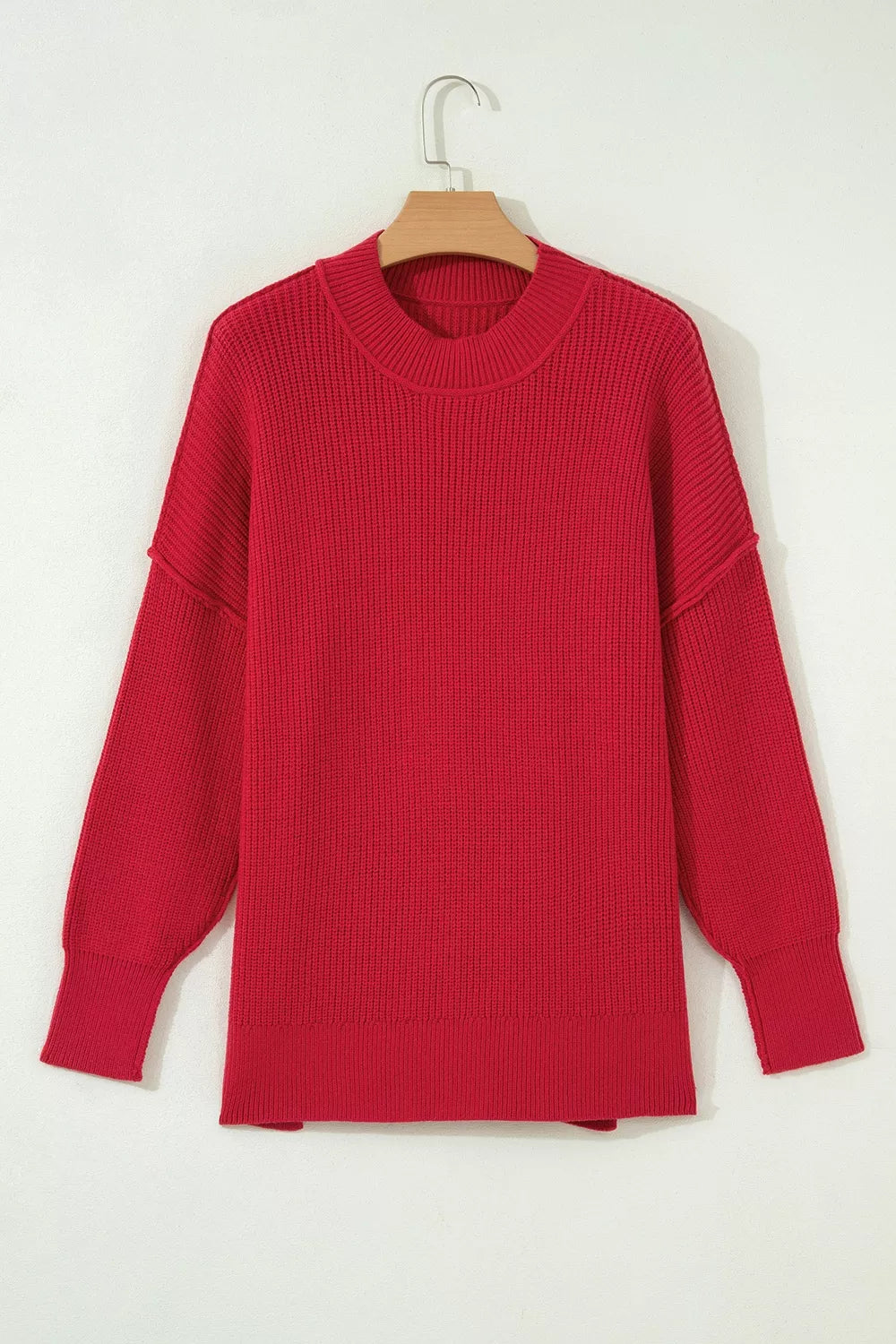 Red long Sleeve Ribbed Knit Stand Neck Sweater