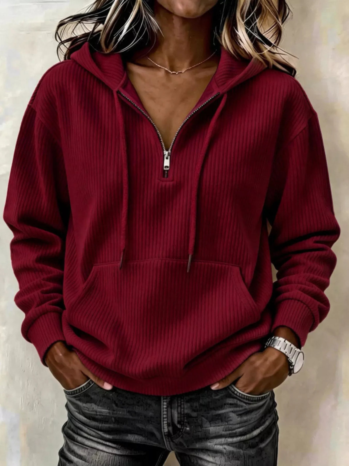 Burgundy ribbed Knit Quarter-Zip Hoodie