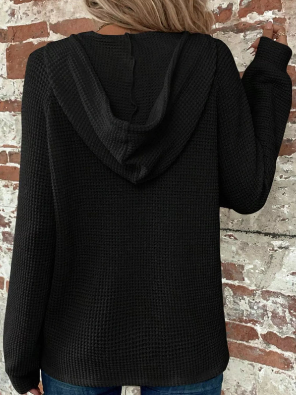 Black waffle Knit Button Detail Hoodie — back view
