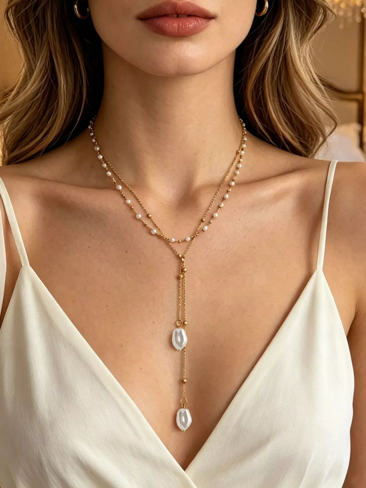 Gold-tone layered Y-shaped necklace with pearl-like pendants
