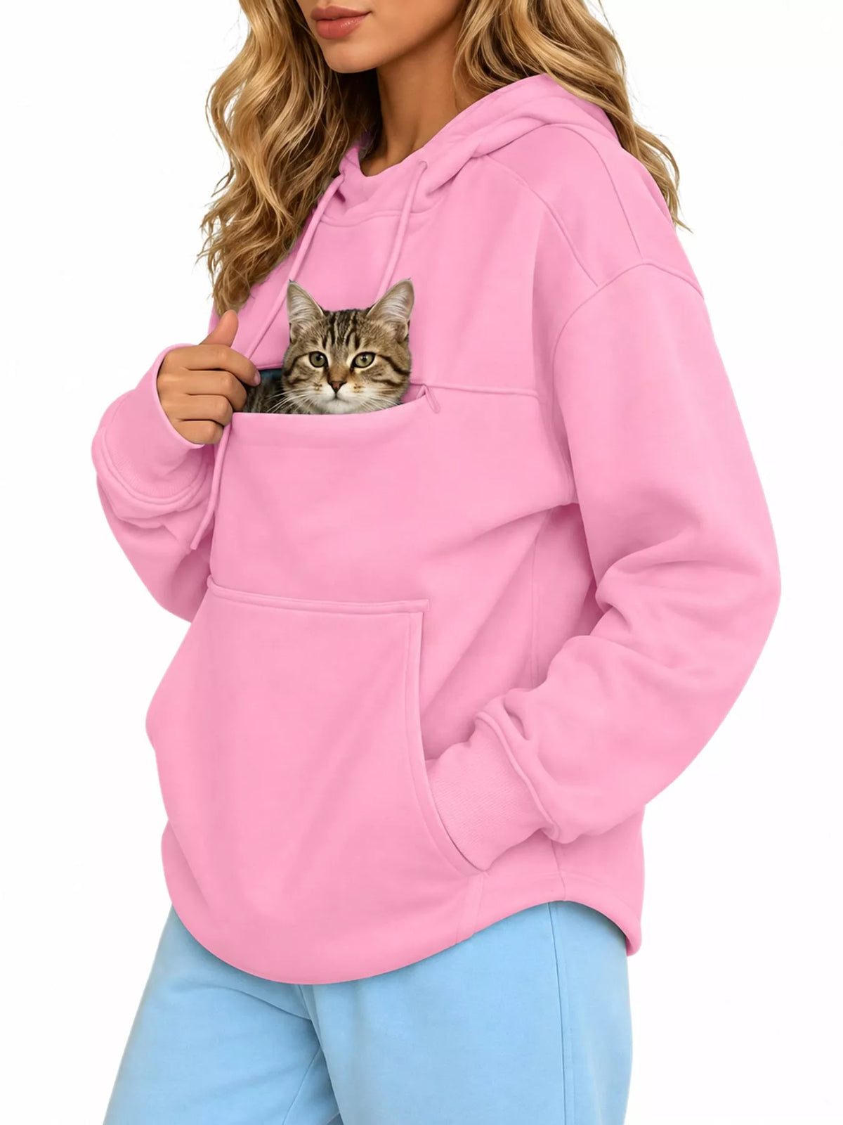 Pink cat Pouch Drawstring Hoodie