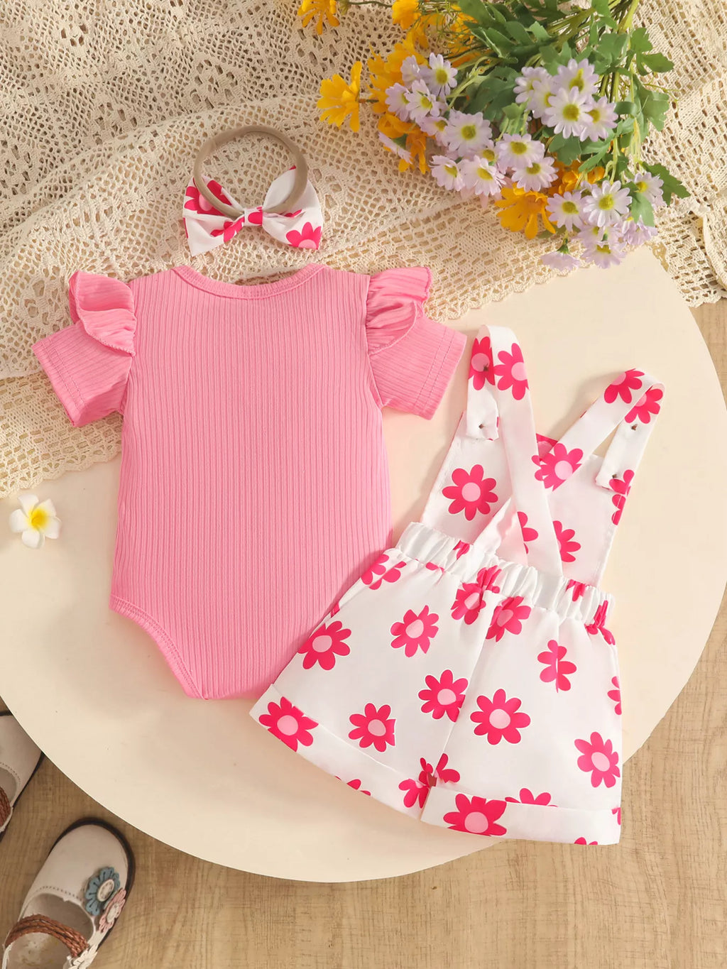 Pink bodysuit displayed beside the white pink-floral short overalls and bow headband.