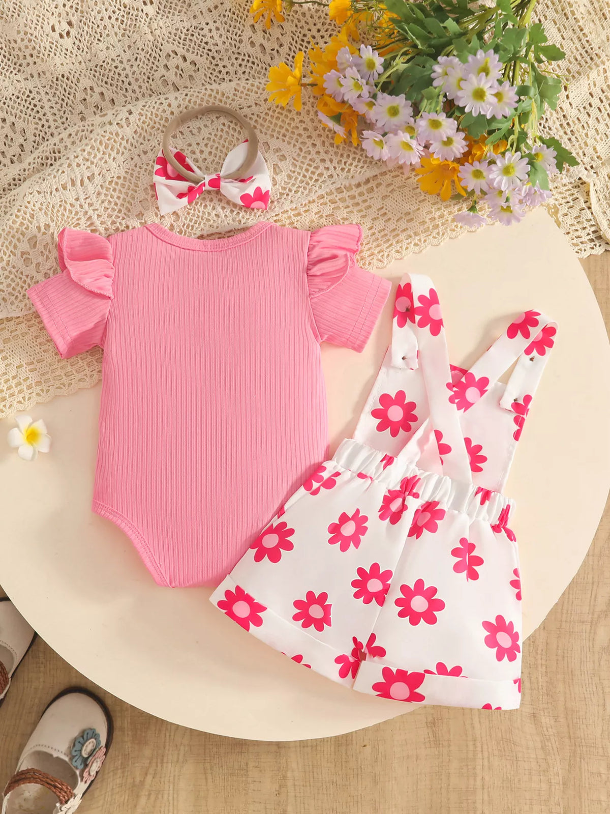 Pink bodysuit displayed beside the white pink-floral short overalls and bow headband.