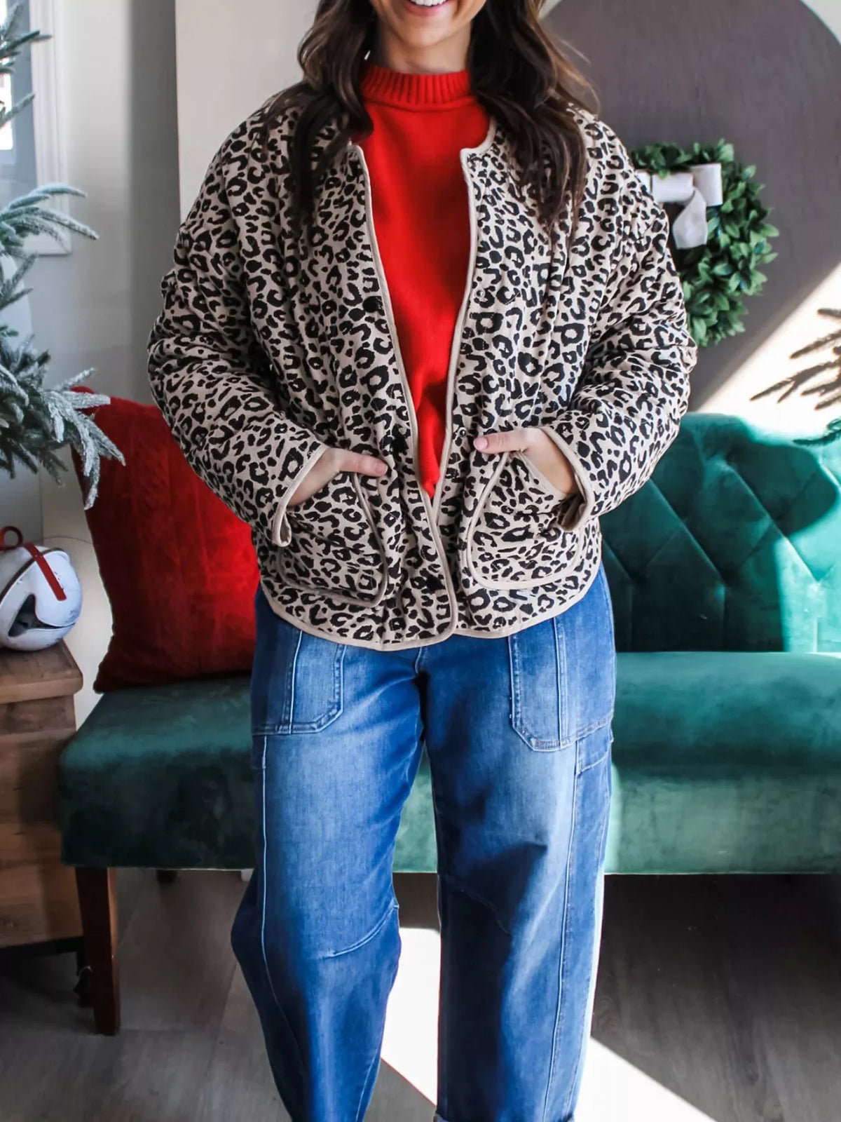 Leopard-print patch-pocket jacket modeled with jeans.