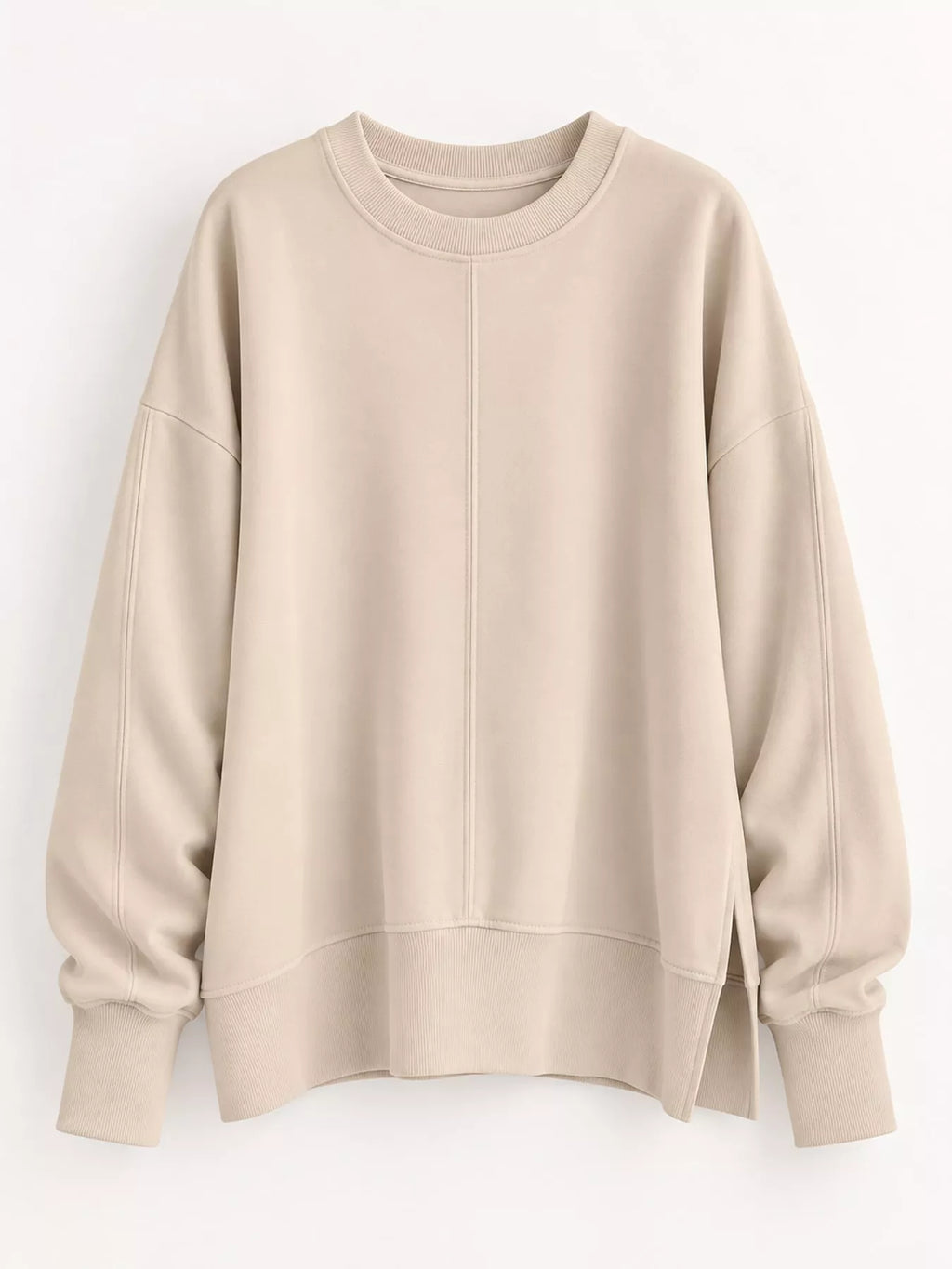 Beige oversized Crew Neck Sweatshirt with Side Slit