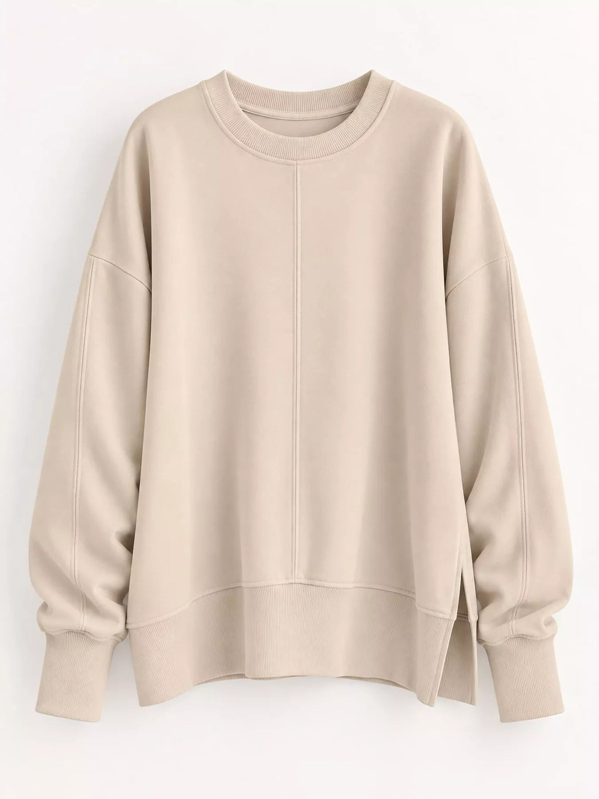 Beige oversized Crew Neck Sweatshirt with Side Slit