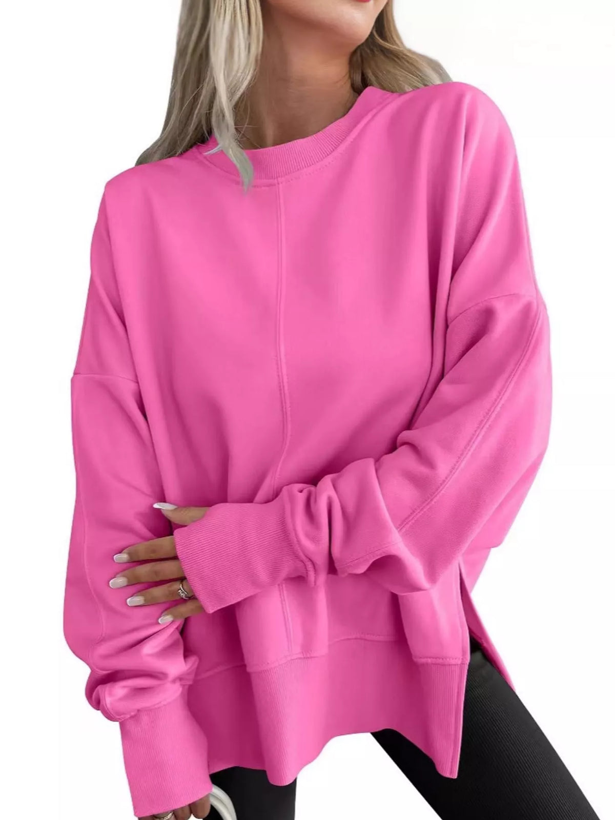 Hot pink oversized Crew Neck Sweatshirt with Side Slit