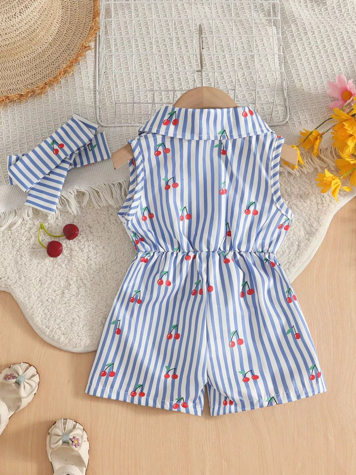 Back view of the blue-and-white striped cherry-print romper.
