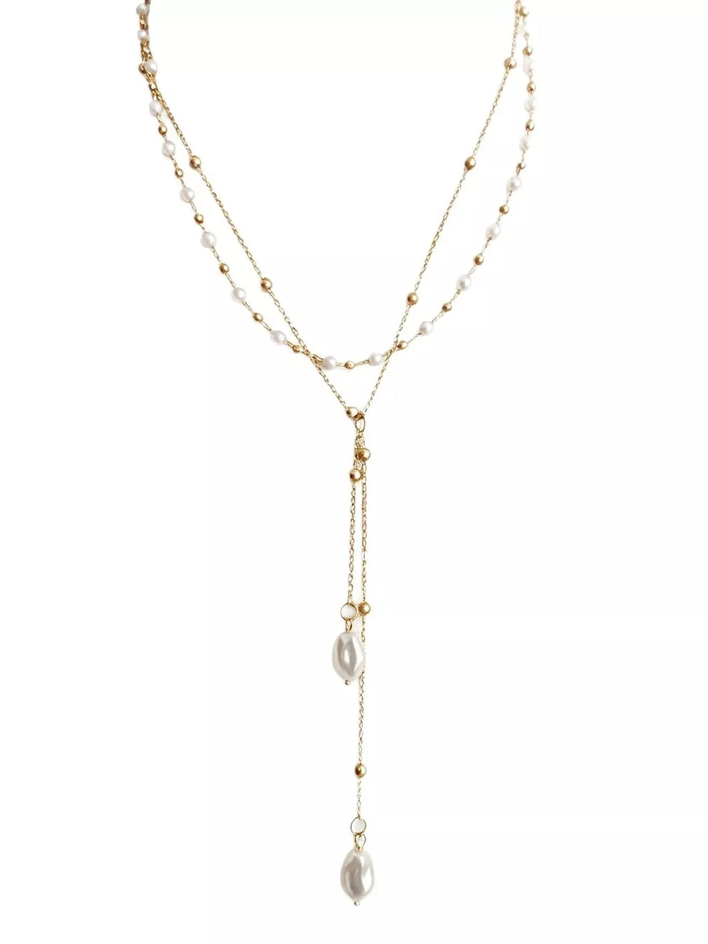 Gold-tone layered Y-shaped necklace with pearl-like pendants