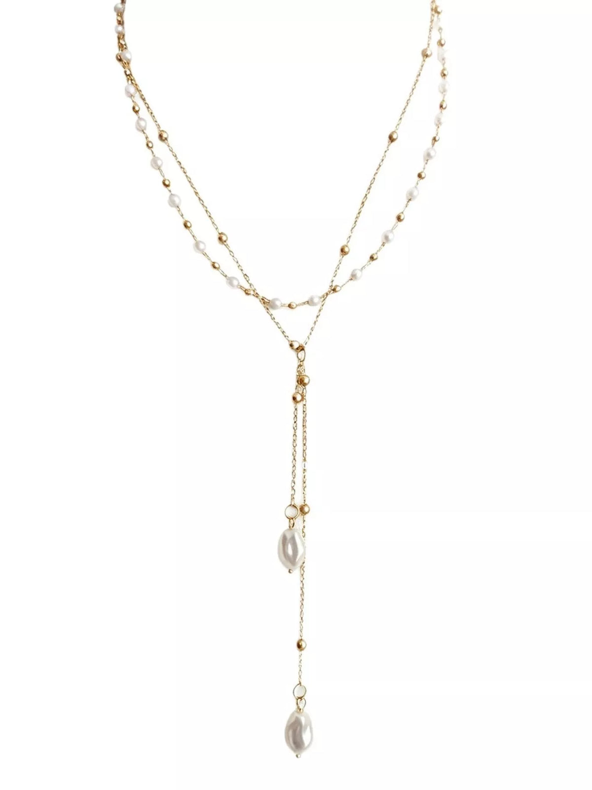 Gold-tone layered Y-shaped necklace with pearl-like pendants