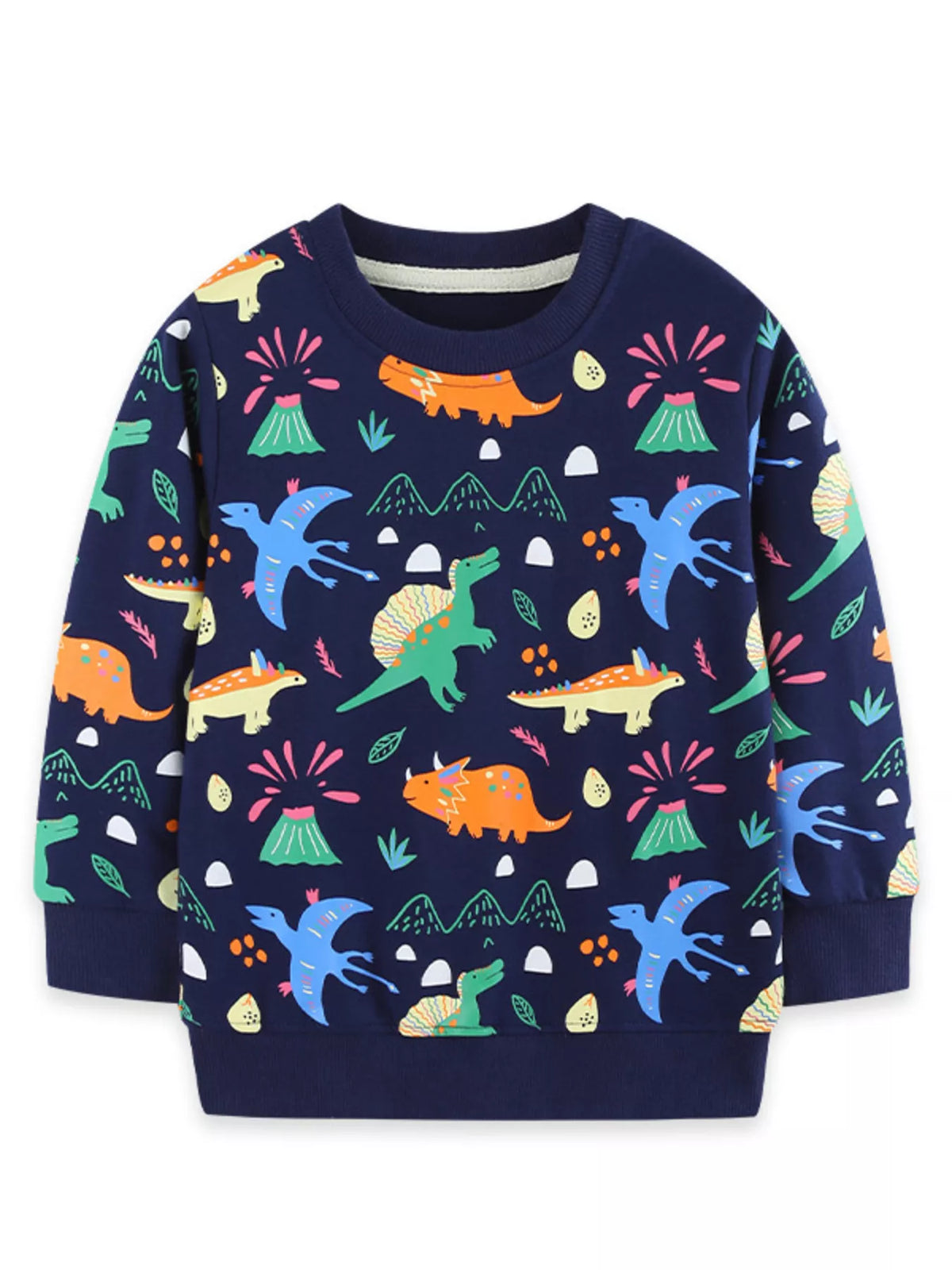 Front product view of the navy children's colorful dinosaur sweatshirt.