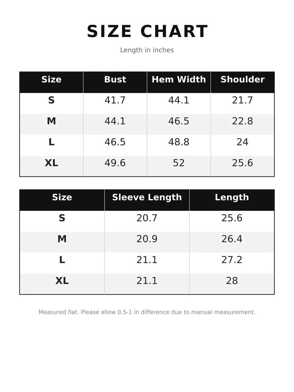 Size chart for the textured hooded jacket, with measurements in inches.