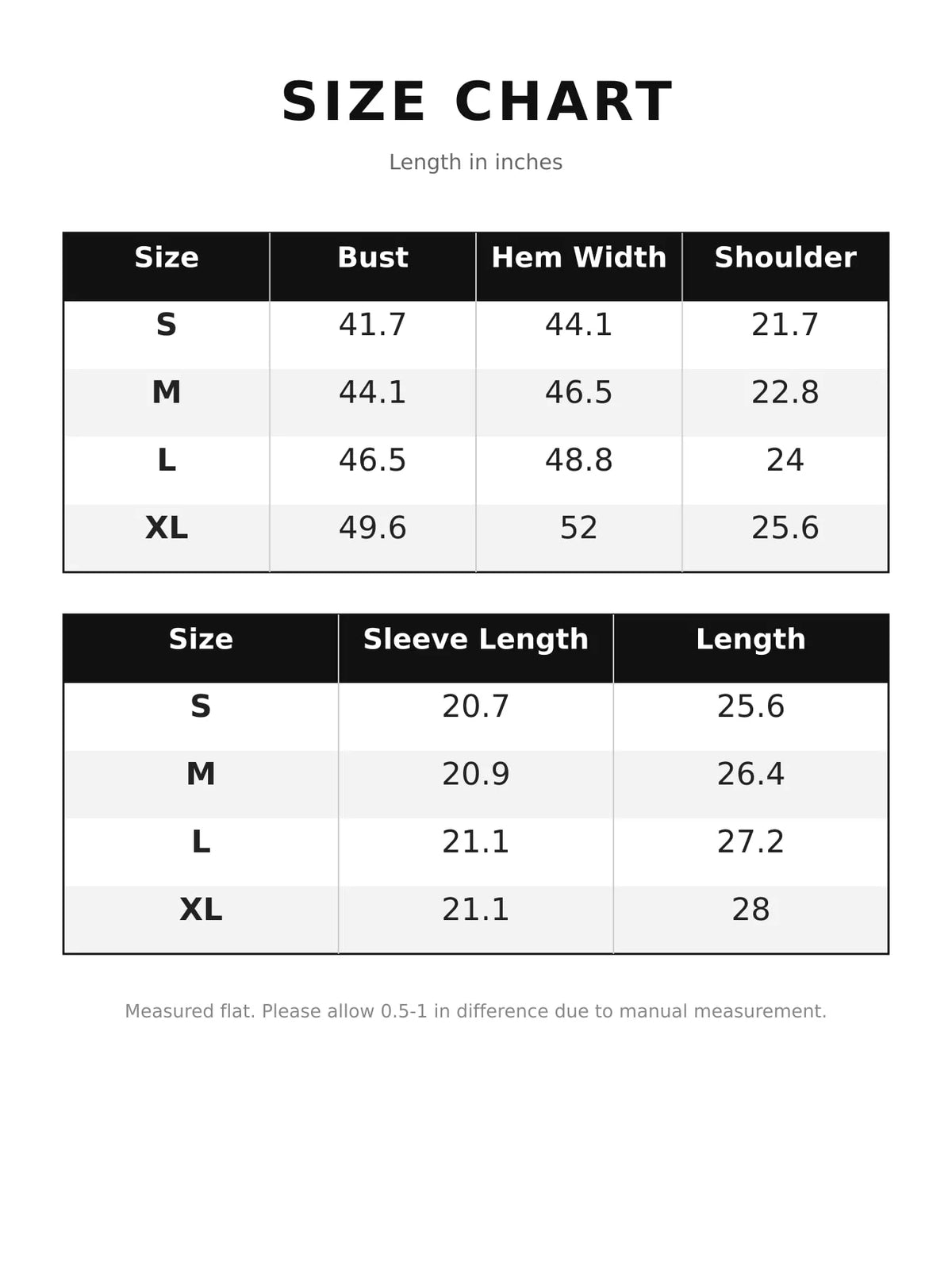 Size chart for the textured hooded jacket, with measurements in inches.