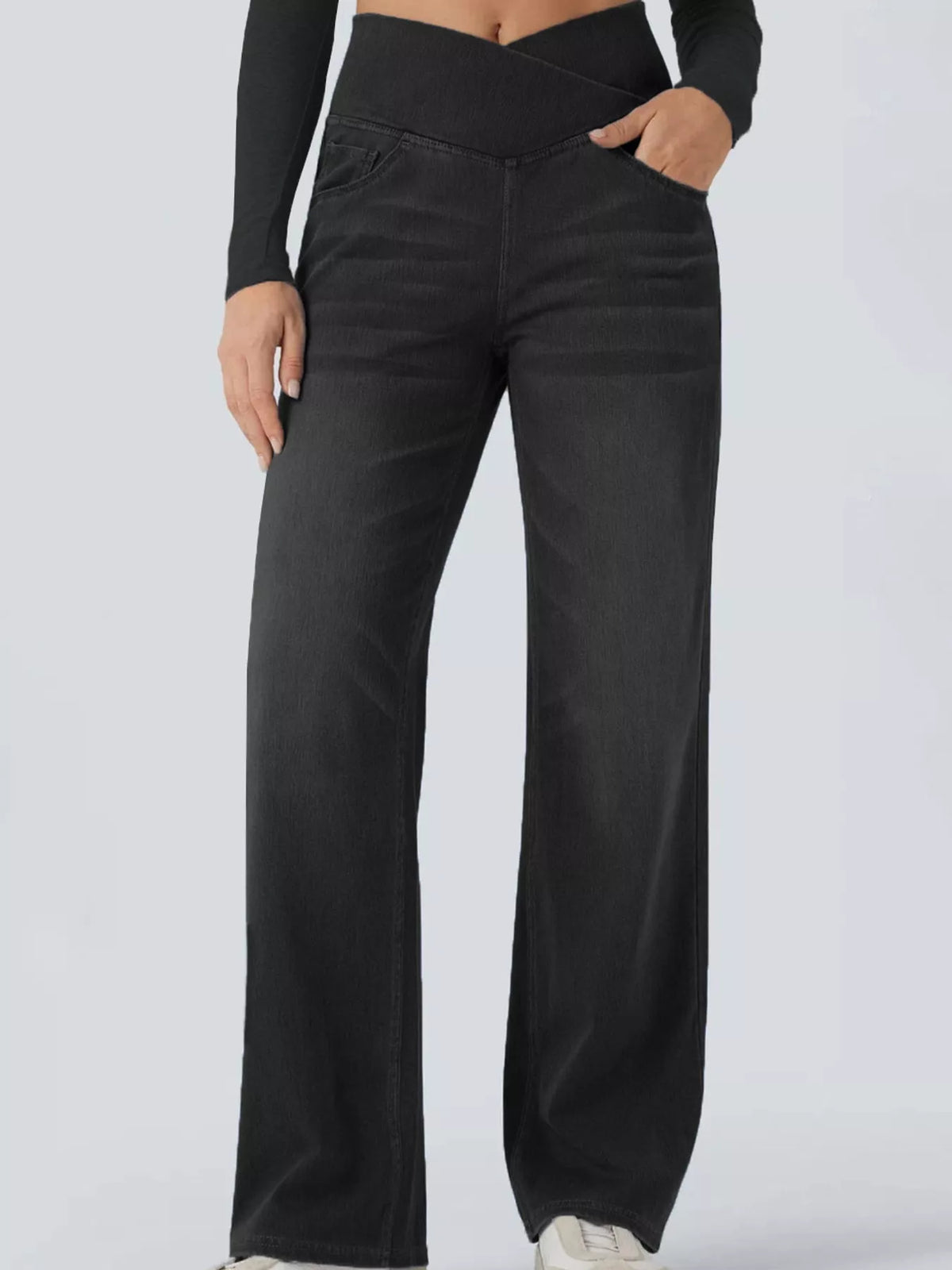 Black high-waisted crossover waistband straight-leg jeans