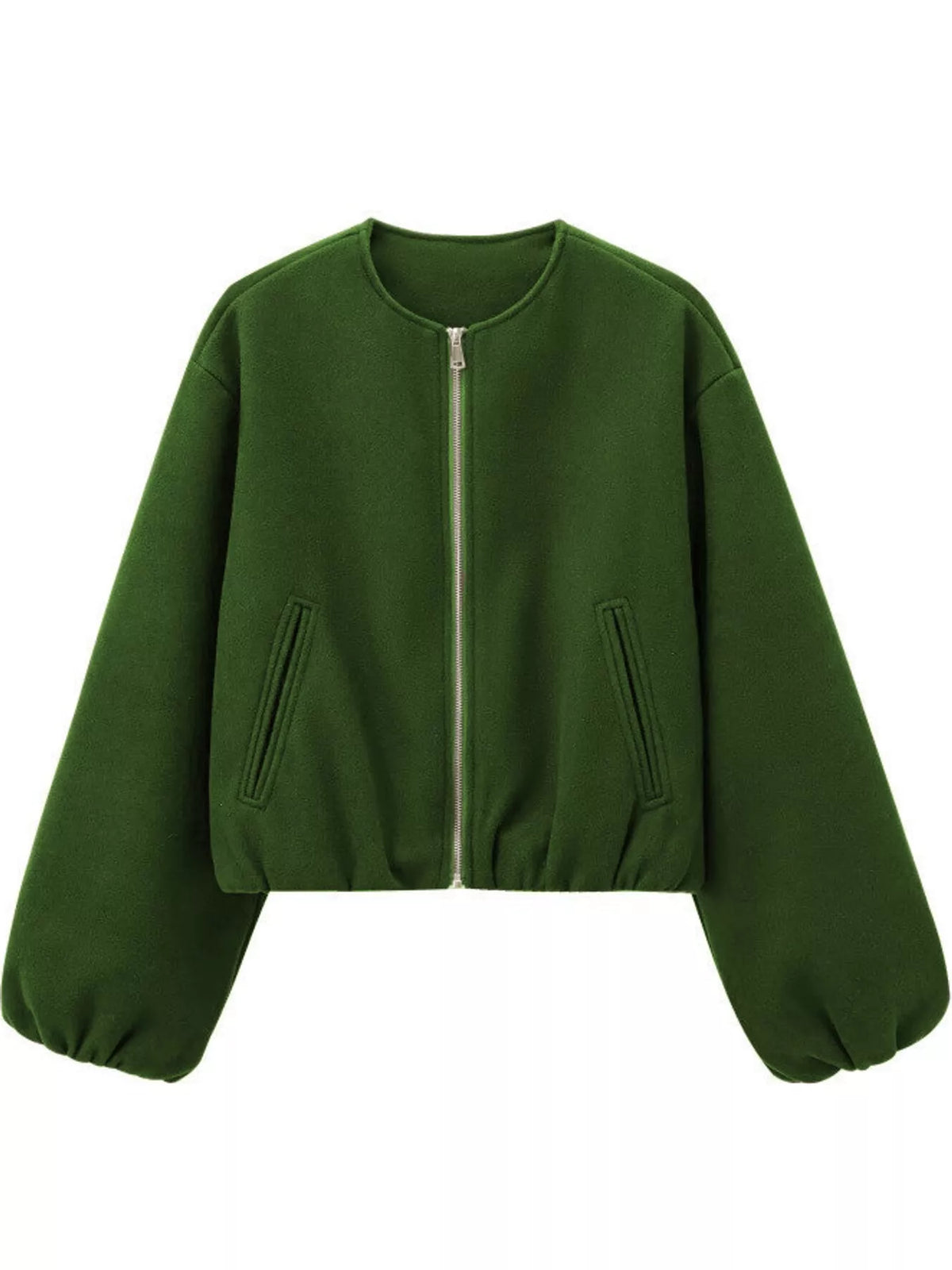 Grass-green round-neck zip-up jacket with gathered hem and sleeves, front view.
