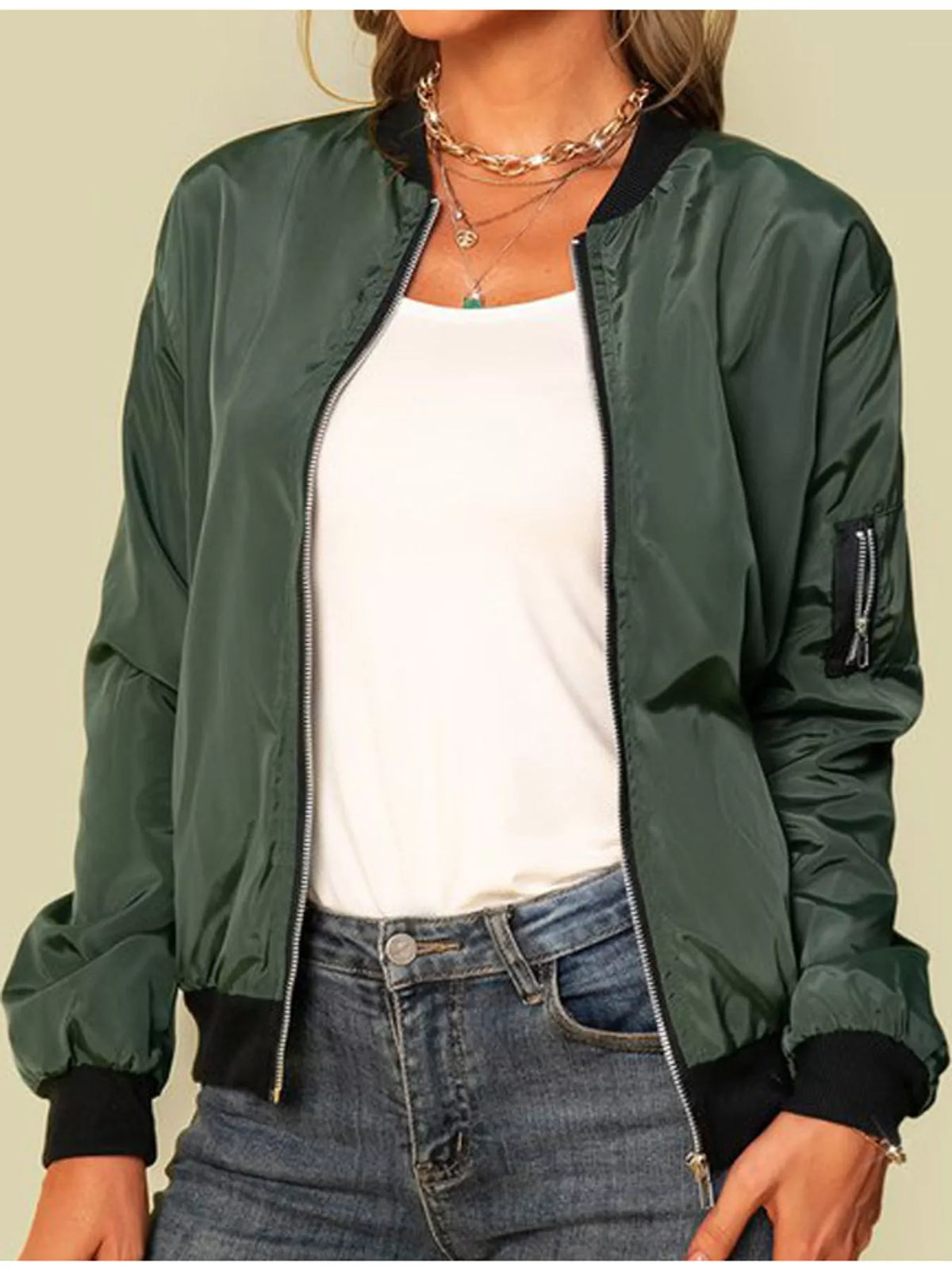 Dark-green lightweight bomber jacket, front view.