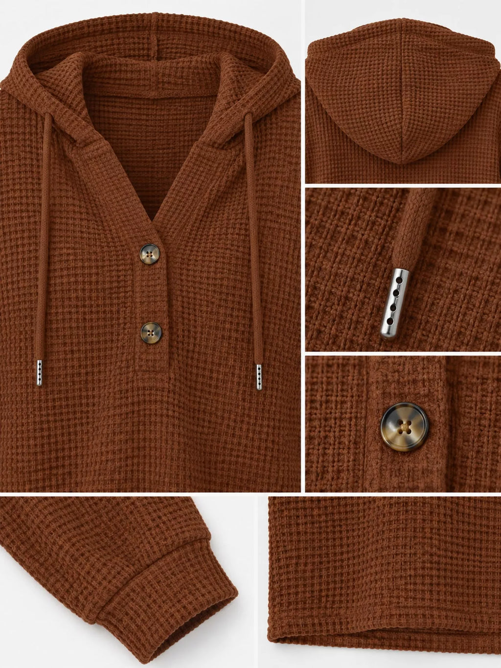 Brown waffle Knit Button Detail Hoodie — detail view