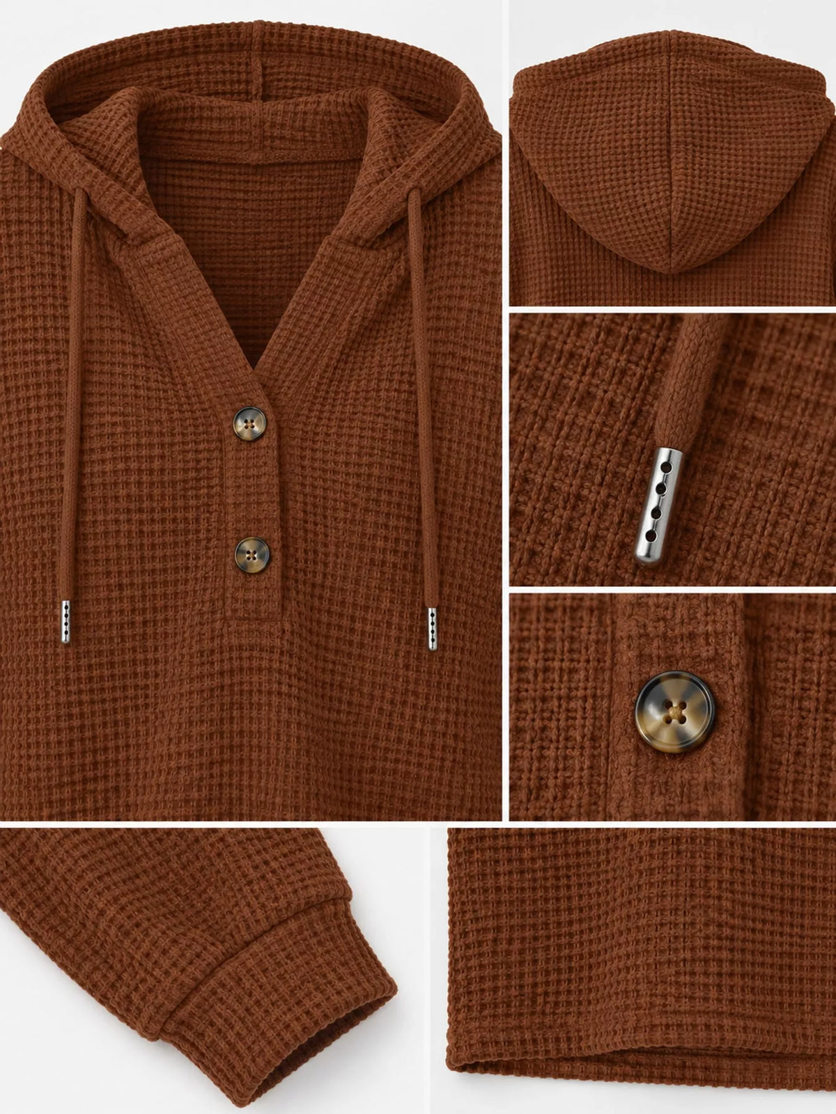 Brown waffle Knit Button Detail Hoodie — detail view
