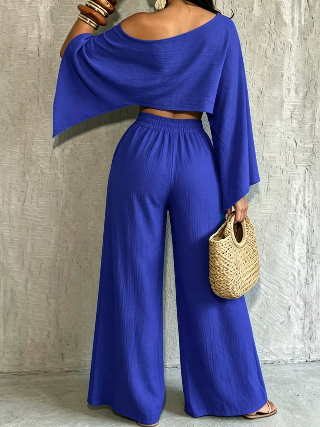 Royal blue boat Neck Crop Top and Wide-Leg Pants Set — back view