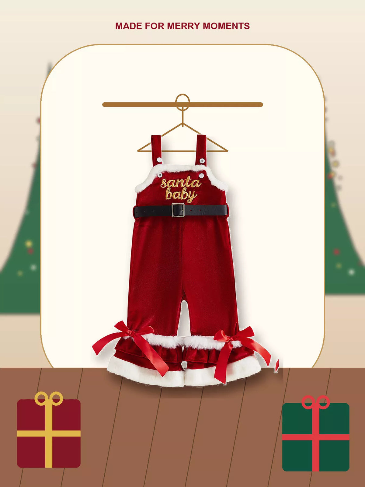 Red Santa Baby overalls with a black belt, white trim and bows at the flared legs.