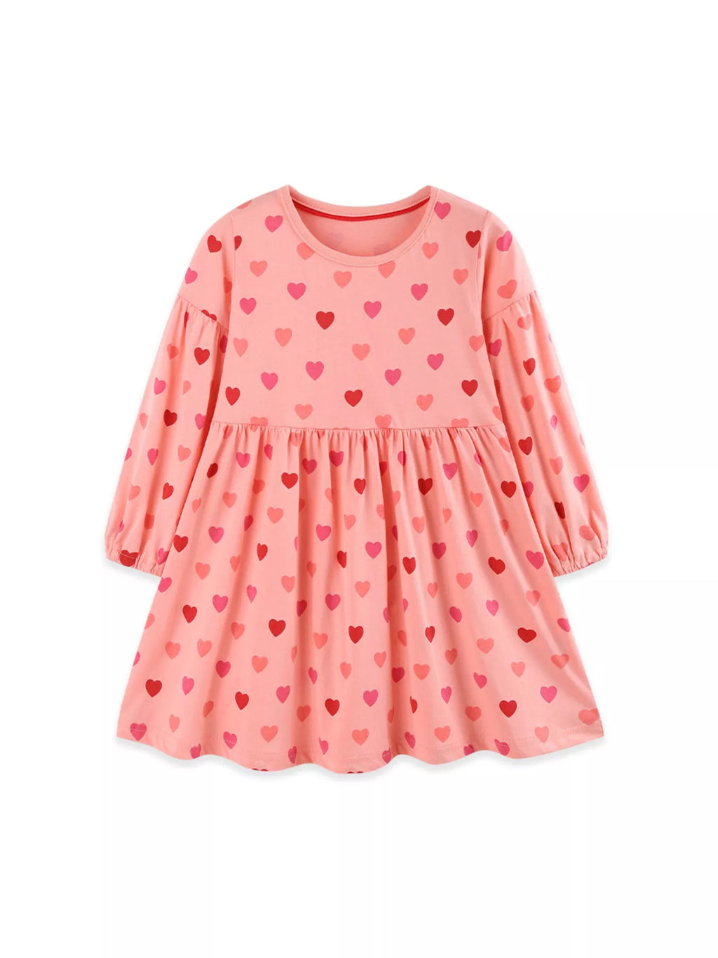 Front product view of the pink long-sleeve heart-print dress.