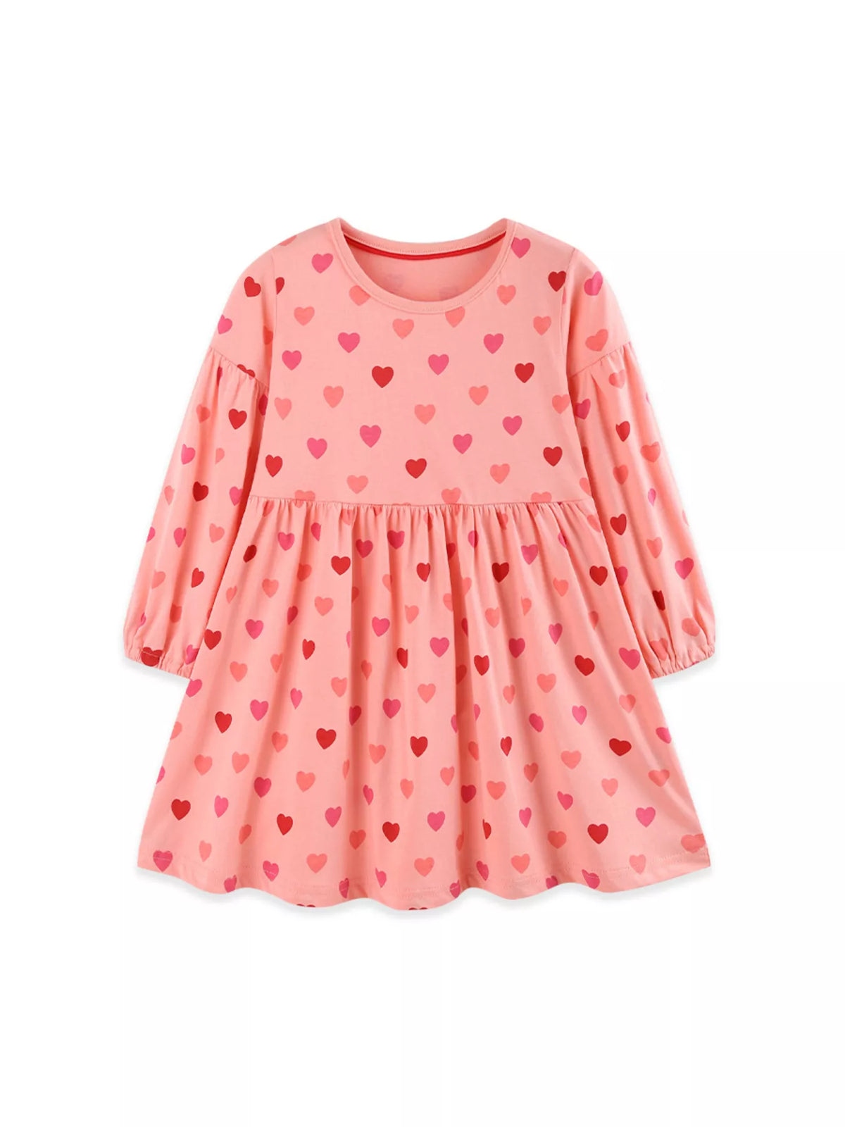 Front product view of the pink long-sleeve heart-print dress.