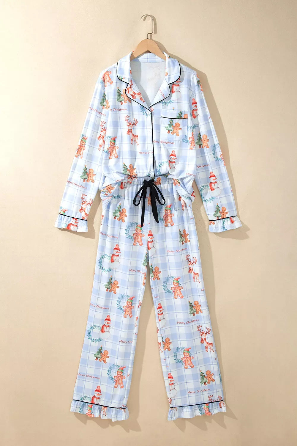 Light blue plaid Cartoon Christmas Pattern Shirt Top 2pcs Pajama Set