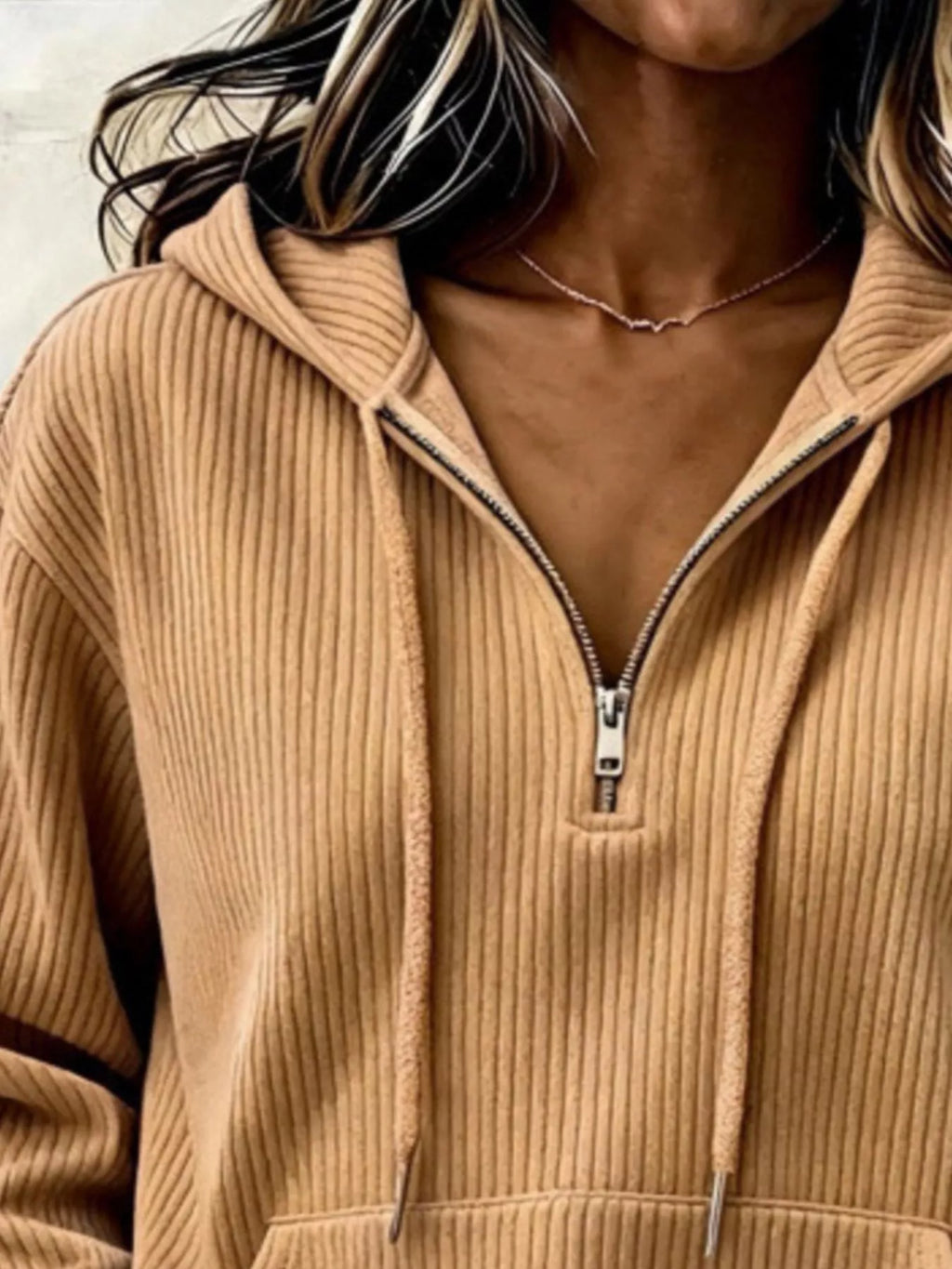 Tan ribbed Knit Quarter-Zip Hoodie — detail view