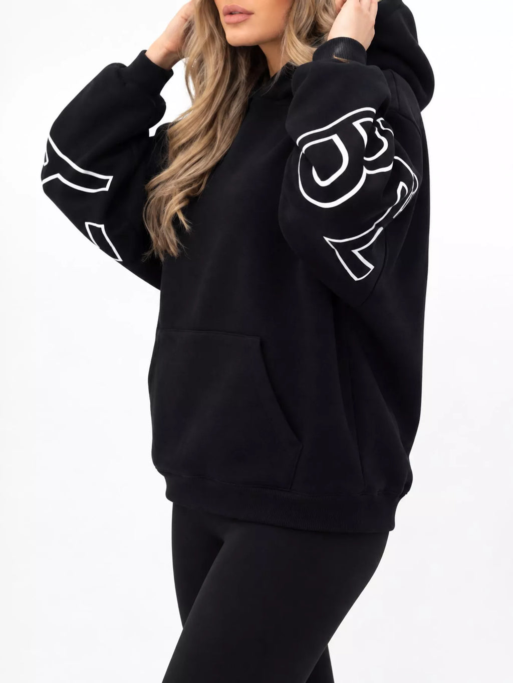Black letter Back Hoodie with Kangaroo Pocket